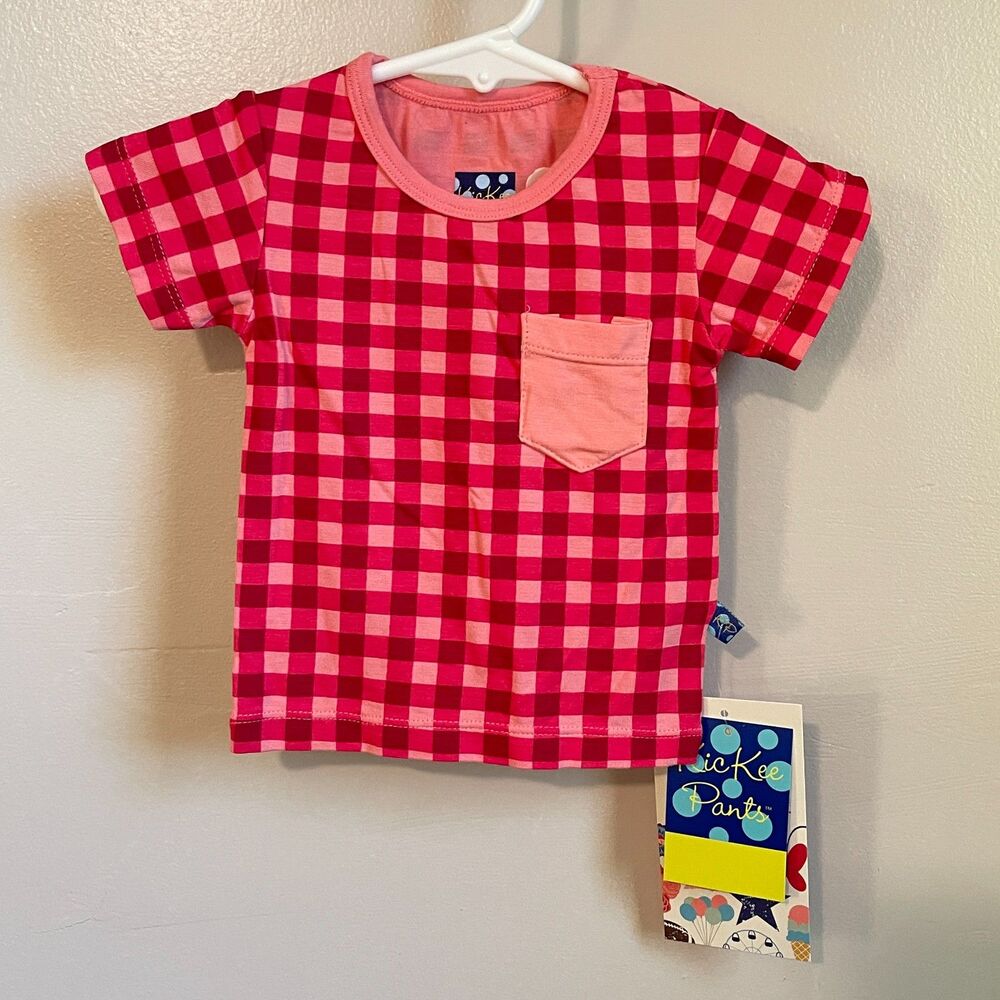 Kickee Pants NWT 3-6m Bamboo Red Check Top | Short Sleeve T-Shirt with Pocket